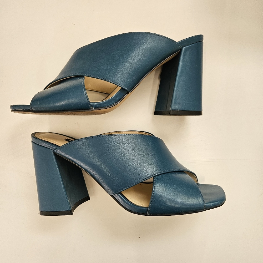 Teal Leather Slide On Heels
